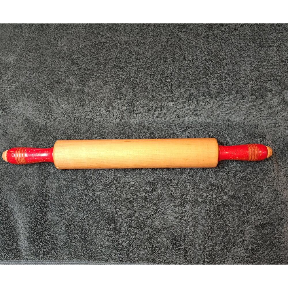 Hardwood Vintage Rolling Pin w Red Handles   Circa 1950s - 1960s